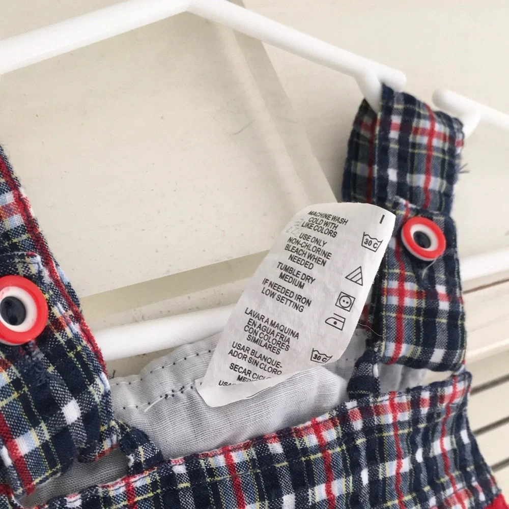 American Baby Classic Red/Blue Plaid Overalls Baseball Theme Size 6-9 Months